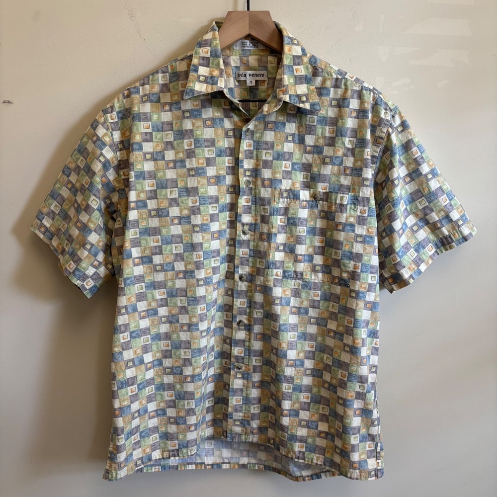 Via Veneto Mens M Short Sleeve Button Down Shirt Cotton Geometric Grid Pattern